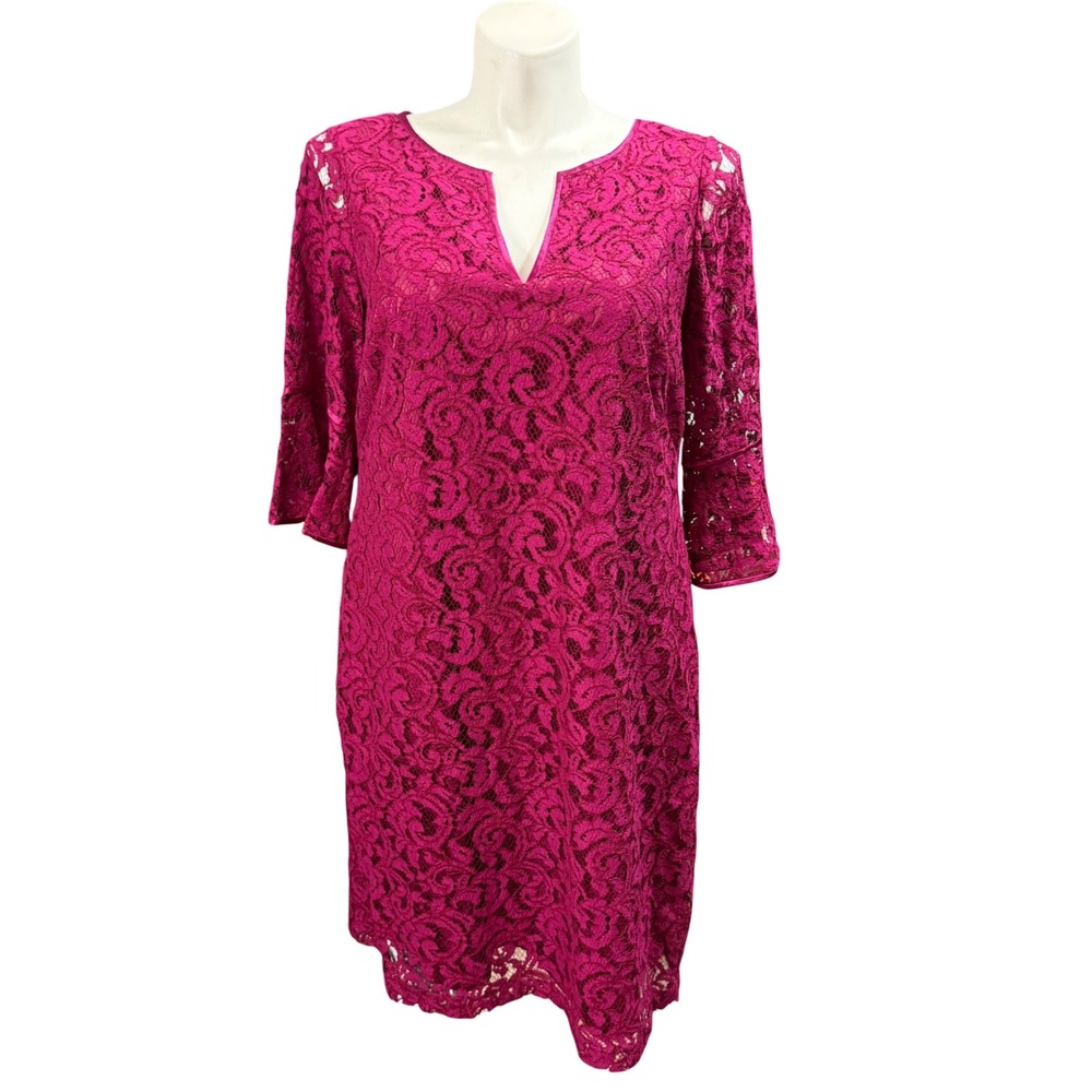 Adrianna Papell Woman Magenta Pink Floral Lace Bell Sleeve Sheath Dress 14W